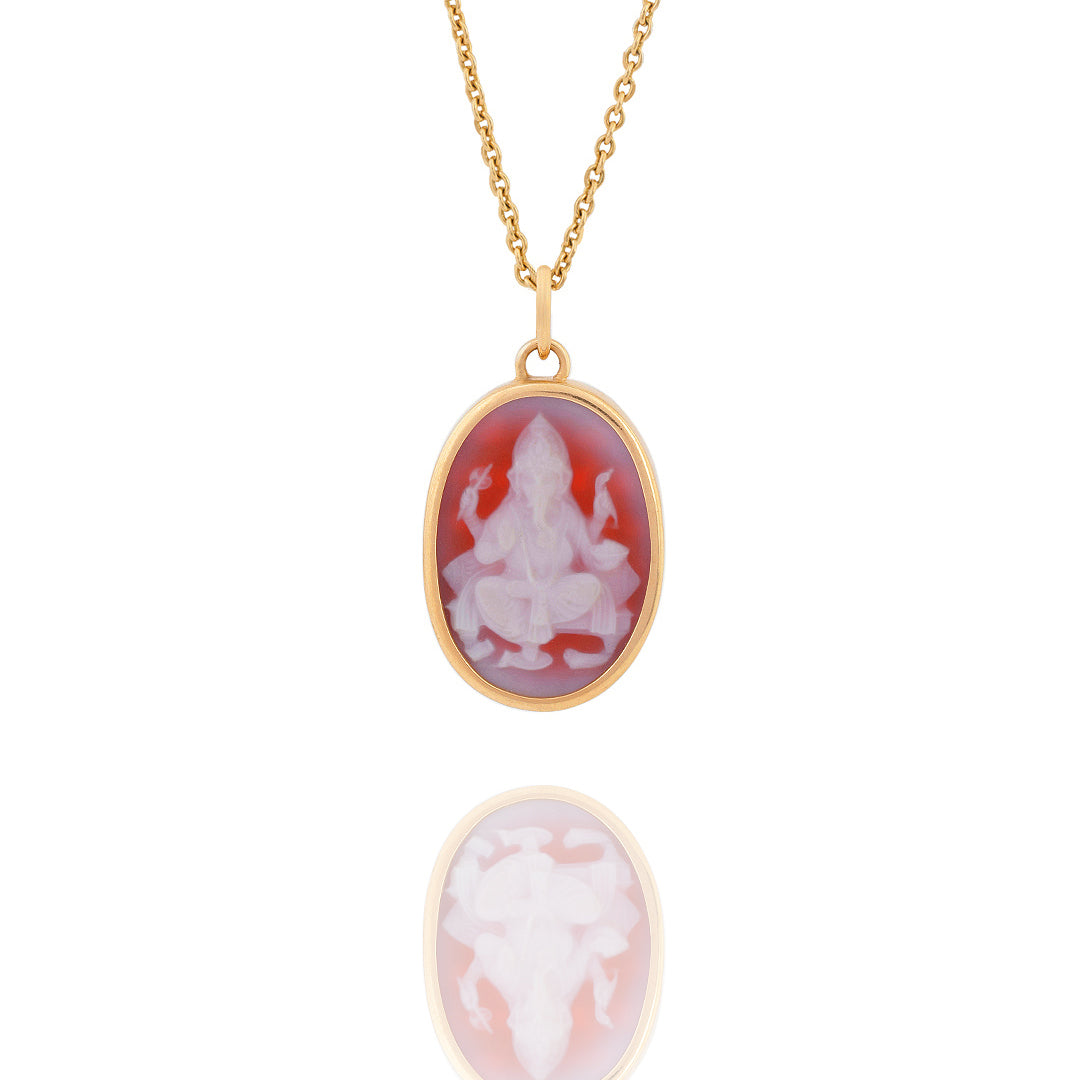 Ganesha Cameo carving and Shloka (pendant-Gold- Red)