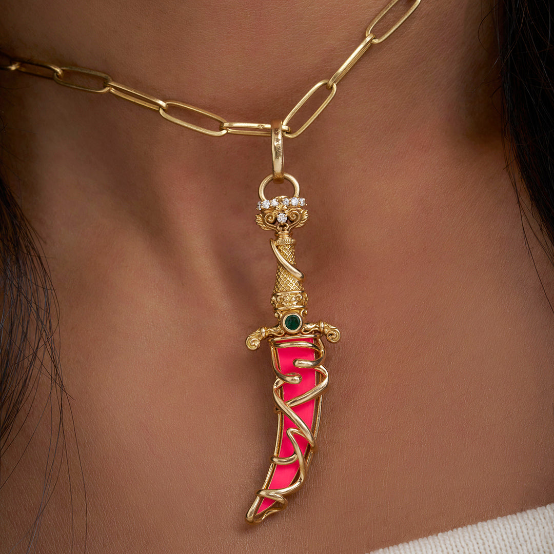 Kirpan Inspired Pendant (Gold-Pink &amp; Green)